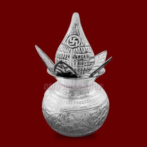 German Silver Kalash with Coconut and Mango Leaves handmade gorgeous coconut with betel leaf puja kalash, best worshipping utensils