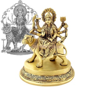 Göttin Ambe Mata Messingstatue, Durga Mata Einstellung auf Löwenidol, Hindu-Gottstatue, Tempel Pooja, Wohnkultur Ompoojashop