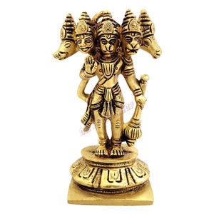 Panchmukhi Hanuman Standing Statue in Brass, Monky Face Idol, Ram Bhakt Hanuman Brass Murti OmPoojaShop
