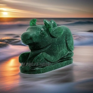 Green Jade Gemstone Nandi Idol | Lord Shiva Nandi Statue | Green Stone Bull | Nandi in Gemstone OmPoojaShop