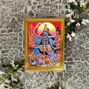 Goddess Kali Maa Photo Frame | Hindu Goddess Mahakali Printed Photo | Wooden Frame | Religious Framed Photo for Wall, Table and Pooja Room