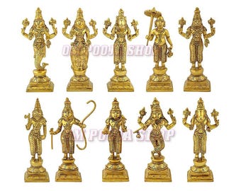 Brass Dasavatharam Vishnu Statue Set, Indian God Idol, Home Decor Gift - Om Pooja Shop
