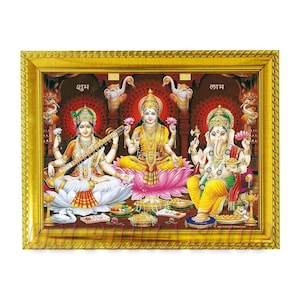 Lakshmi Ganesh Saraswati Photo in Frame Personalized Gift For Hindu Friends & Family, Traditions For Home Away From India