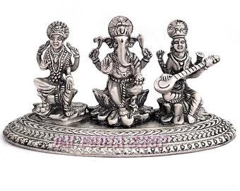 Statua 3D in argento sterling 925 di Lakshmi, Ganesh e Saraswati - Om Pooja Shop