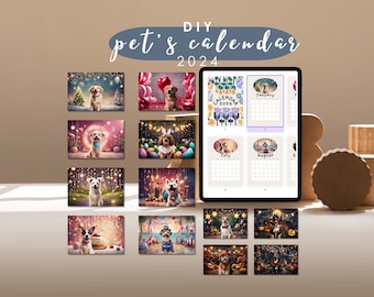 May include: A digital calendar template with a DIY pet's calendar theme for 2024. The template features a variety of images of dogs in different settings, such as a Christmas tree, Easter eggs, and a birthday cake. The calendar is displayed on a tablet screen.