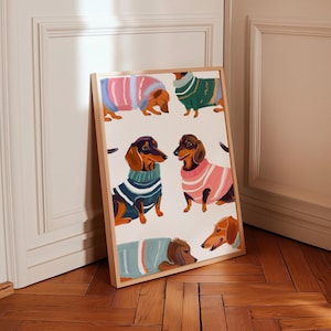 Sausage Dog Wall Art Trendy Wall Art Dachshund Wall Decor Digital Dachshund Wall Art Pretty Winter Dachshunds Wall Print in Pastel Colors