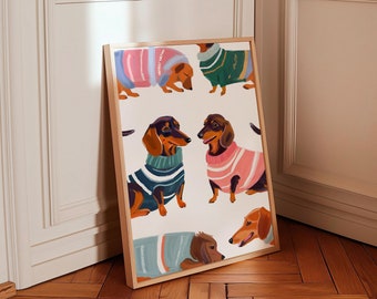 パステルカラーのダックスフントのアートプリント：冬のトレンド犬用ウォールデコレーション（デジタルダウンロード）