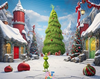 Winter Grinch Whoville Wallpaper Winter Wonderland Backdrop Seuss-inspired Christmas Backdrops Grinch Themed Event Decor Festive Backdrop