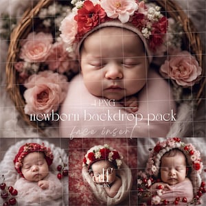 Può includere: Quattro immagini digitali di sfondo per neonati con un tema floreale rosa e rosso. Le immagini mostrano un bambino che dorme con una corona di fiori e una coperta rosa. Il testo "4 PNG newborn backdrop pack face insert" è visibile nell'immagine.