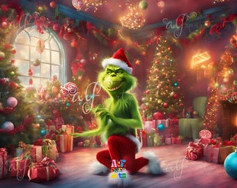 グリンチの誕生日背景バナー：クリスマスホリデーデコレーション