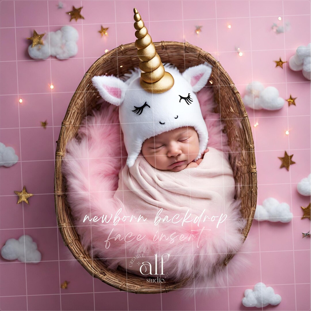 Unicorn Newborn Backdrop for Girl Baby Add Face Insert Background Pink