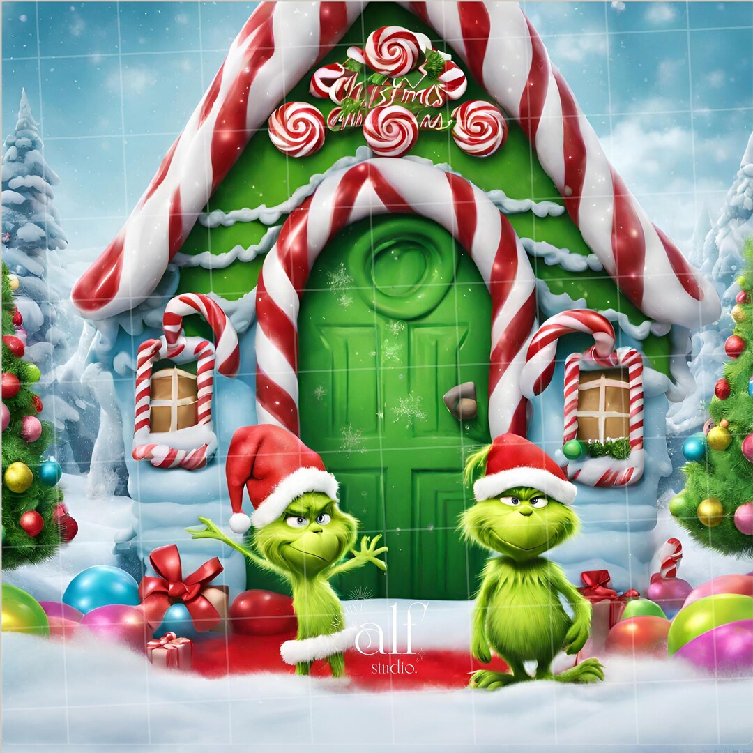 Candy Houses With Baby Twin Grinch Christmas Overlay Xmas Backdrop