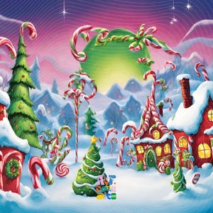 Può includere: Una scena invernale fantasiosa con case di bastoncini di zucchero, alberi innevati e una luna verde. Le case sono decorate con bastoncini di zucchero rossi e bianchi e hanno tetti innevati. Gli alberi sono decorati con ornamenti verdi e rossi. La luna è di un verde brillante ed è circondata da stelle.