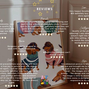 May include: A collection of customer reviews for digital illustrations of Dachshunds wearing sweaters. The reviews highlight the quality of the illustrations, the ease of use, and the responsiveness of the seller.