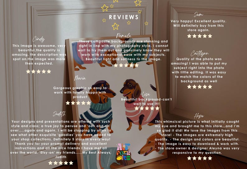 May include: A collection of customer reviews for digital illustrations of Dachshunds wearing sweaters. The reviews highlight the quality of the illustrations, the ease of use, and the responsiveness of the seller.