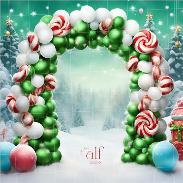 Greenery Grinch Backdrops Festive Snowy Balloons Holiday Photo Studio Christmas Fantasy Digital Backgrounds Winter Balloon Arch Photo Prop