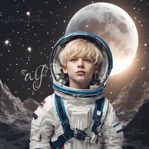 Op de afbeelding: Een jonge astronaut in een wit ruimtepak met een blauwe helm staat voor een grote, heldere maan en een donkere, sterrenhemel. De astronaut kijkt met een serieuze uitdrukking naar de camera.