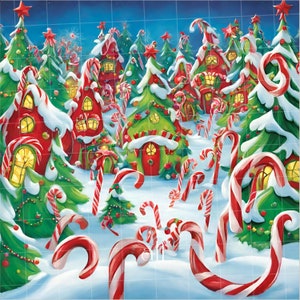Paisaje nevado Grinch Whoville telón de fondo Whoville compuesto bastón de caramelo cabina de fotografía festiva Hada de la nieve Santa Village Grinchmas telones de fondo