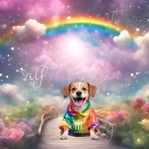 Könnte beinhalten: Ein fröhlicher Hund mit einer Regenbogenjacke sitzt auf einer Holzbrücke in einer skurrilen, farbenfrohen Szene. Ein Regenbogen spannt sich über den Himmel, mit flauschigen Wolken und Blumen im Vordergrund. Der Text "alf creative studio" ist vorhanden.