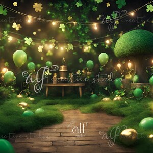 May include: A whimsical green and gold St. Patrick's Day backdrop with a wooden table, green balloons, and fairy lights. The backdrop is perfect for a festive photo shoot.