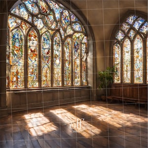 May include: A large room with two stained glass windows. The windows are arched and have intricate designs. The room is empty except for a small plant in the corner. The floor is made of wood and is covered in sunlight.