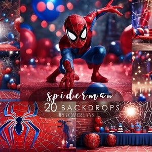 Może przedstawiać: Zestaw 20 cyfrowych tła z motywem Spidermana. Tła są w kolorze czerwonym i niebieskim z pajęczynami, balonami i postacią Spidermana. Na obrazie widnieje tekst "Spiderman 20 Backdrops JPG Overlays".