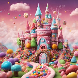 May include: A pink and blue candy castle with a candy cane path leading to the front door. The castle is surrounded by colorful candy and gumdrop trees. The background is a pink and blue sky with clouds.
