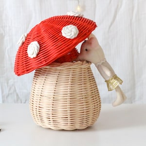 Rotanpaddestoelmand, rotanpaddestoelhuis, rood rieten paddestoelhuis, handgemaakt rotan kinderspeelgoed, kinderkamerdecor, kinderen als cadeau