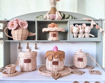 Rattan Toys,  Rattan Pot, Rattan Pan, Natural Toys, Rattan Kitchen, Gift For Kids,Wicker Toys Doll Pretend Role Play Kitchen, Baby Room Deco