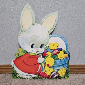 Conejito de Pascua de cartón troquelado, pollitos, cesta, huevos, tulipán, conejo