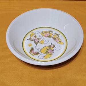 Pu&ograve; includere: Scodella in ceramica bianca con un design a farfalla verde, giallo e rosa. La ciotola &egrave; rotonda e ha un bordo leggermente rialzato.