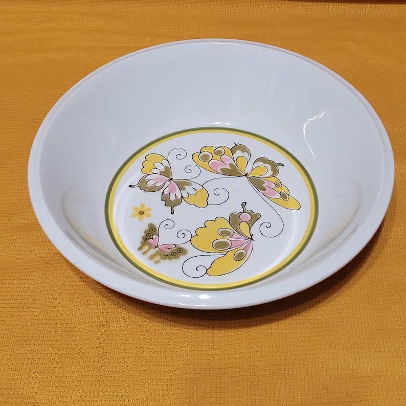Pu&ograve; includere: Scodella in ceramica bianca con un design a farfalla verde, giallo e rosa. La ciotola &egrave; rotonda e ha un bordo leggermente rialzato.