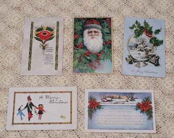 Vintage Christmas Postcards 1900s - Lot of 5 - Junk Journal Ephemera