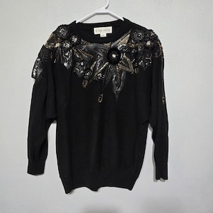 Vintage Victoria Hafen Pullover Pailletten Leder Akzente Fledermaus Flügel Größe L