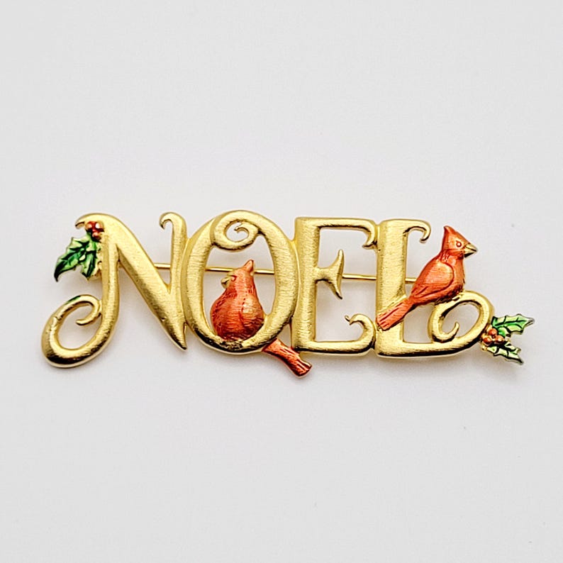 Vintage JJ Christmas Cardinal Noel Brooch Pin Gold Tone Holiday Gift