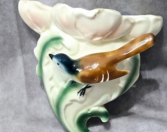 Vintage Western Blue Bird Wall Pocket MCM Flower Fan Shape Ceramic Planter