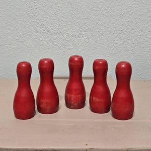 Vintage Wooden Miniature Bowling Pins Red Lot of 5 Hand Turned 2.75&quot;Tall