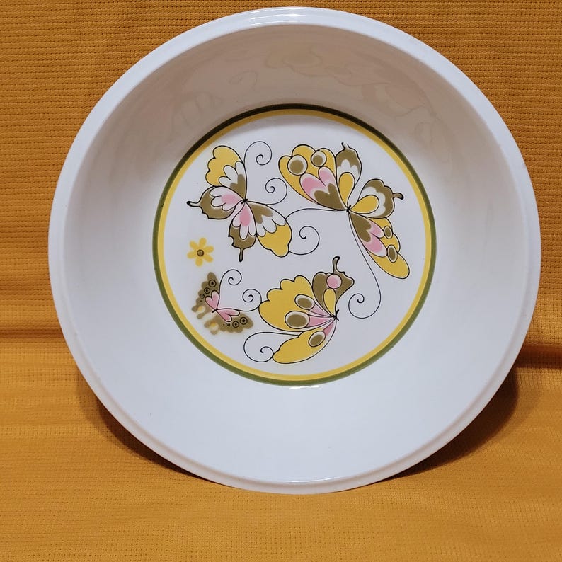 Pu&ograve; includere: Una ciotola in ceramica bianca con un bordo verde e giallo e un disegno di farfalle in tonalit&agrave; di rosa, giallo e marrone.