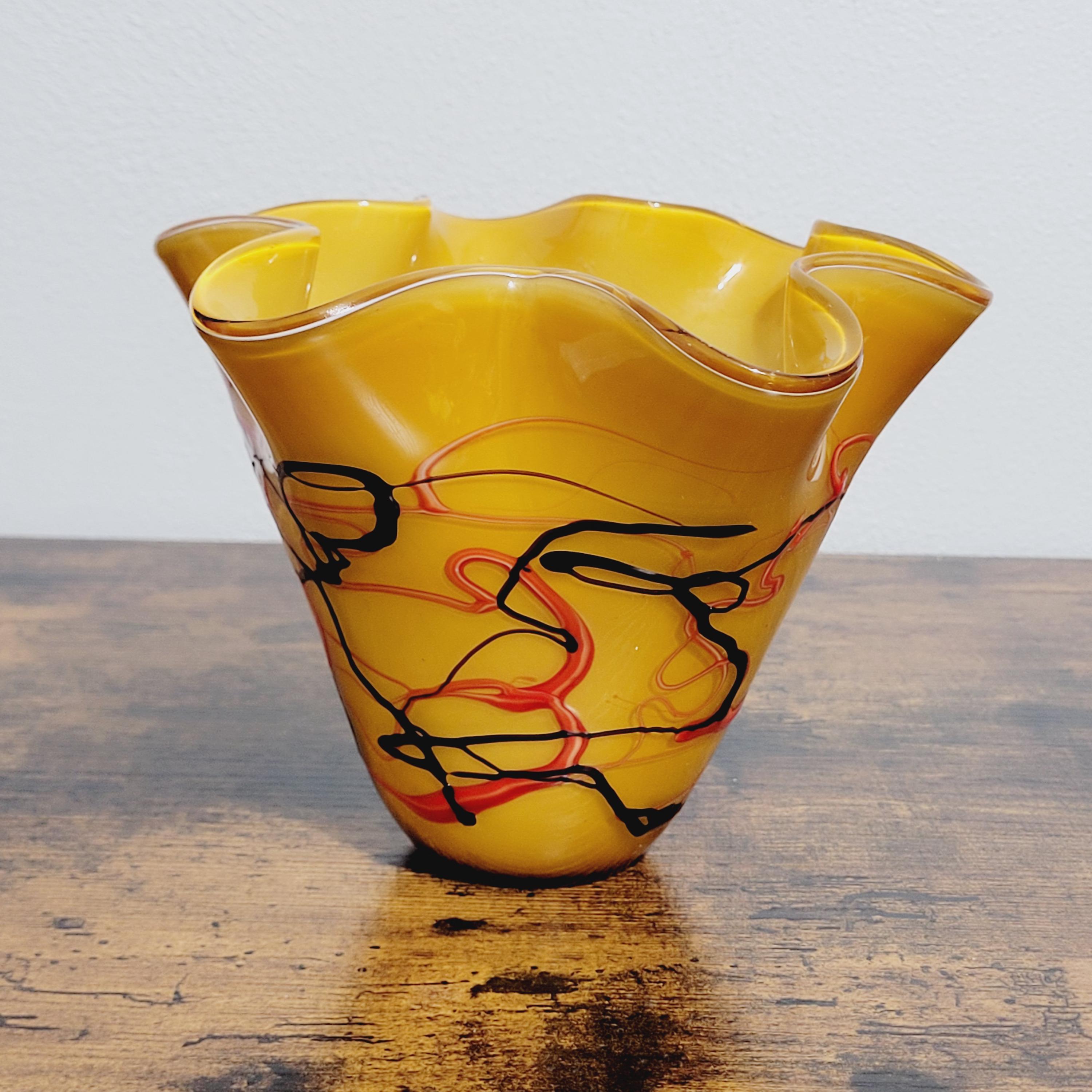 Yellow Art Glass Handkerchief Vase: Fluted Art Deco Swirl Design