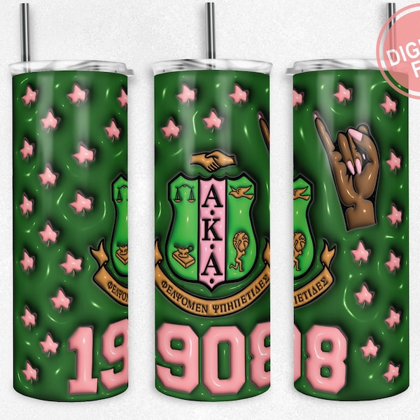 AKA 3D Tumbler Wrap PNG, Pink And Green, 3D Alpha Kappa Alpha Fraternity, Sorority 1908 Tumbler Sublimation Skinny 20oz