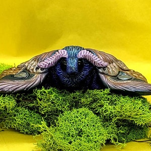 May include: A purple and brown moth sculpture with iridescent wings and pink antennae. The moth is sitting on a bed of green moss.