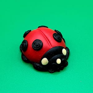 Könnte beinhalten: Rote Marienkäfer-Figur mit schwarzen Punkten und einem schwarzen Kopf. Der Marienkäfer hat eine abgerundete Form und ist vor einem grünen Hintergrund platziert. Die Punkte sind kreisförmig und der Kopf hat zwei kleine weiße Punkte.