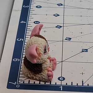 May include: A small, brown and white fuzzy creature with pink ears and feet. The creature is sitting on a white surface with a blue ruler in the background.
