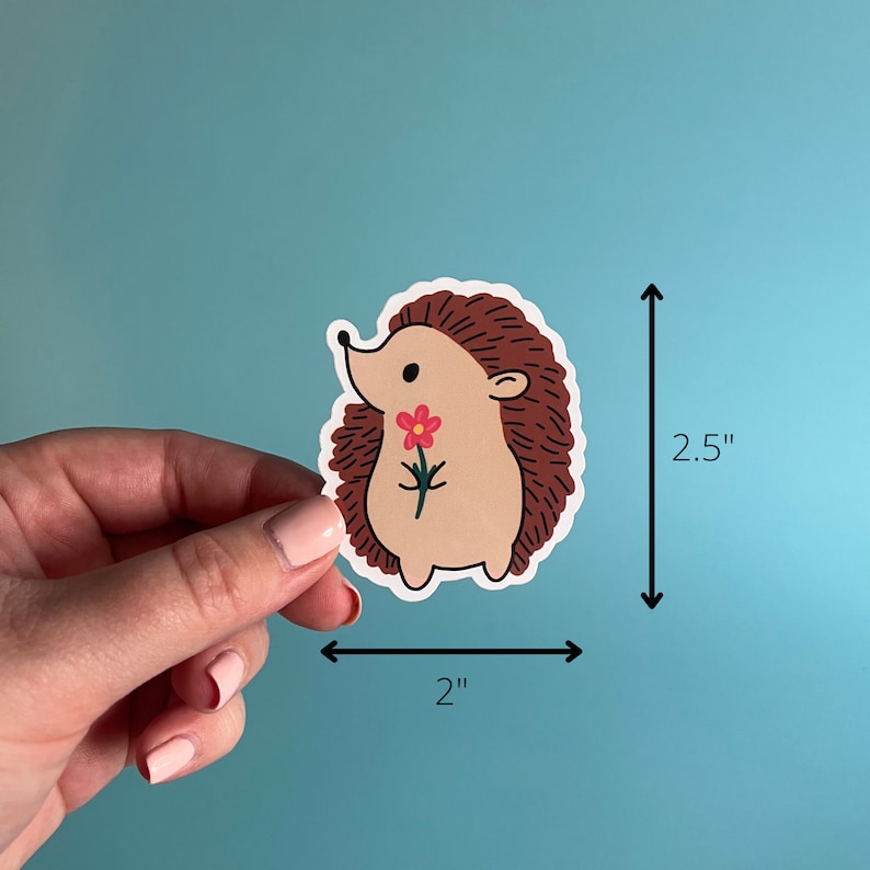 May include: A brown and white hedgehog sticker with a pink flower. The sticker is 2 inches wide and 2.5 inches tall.