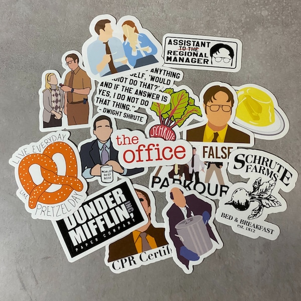 the office sticker pack / Dwight Schrute / Schrute farms / Pam and Jim / pretzel day / Dunder Mifflin / Michael Scott / waterproof stickers