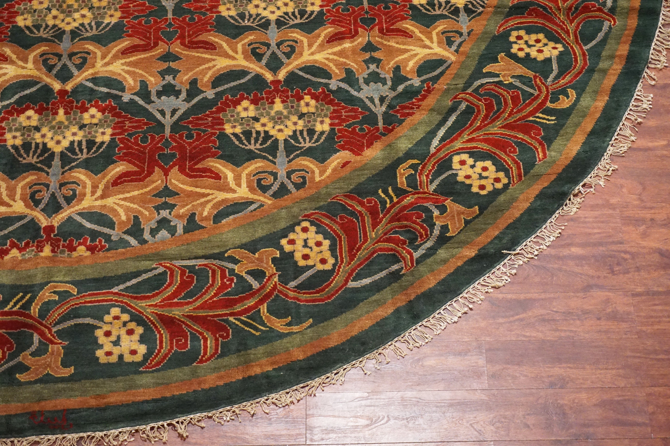 14X14 Green Round William Morris Area Rug Art & Craft Hand Knotted and ...