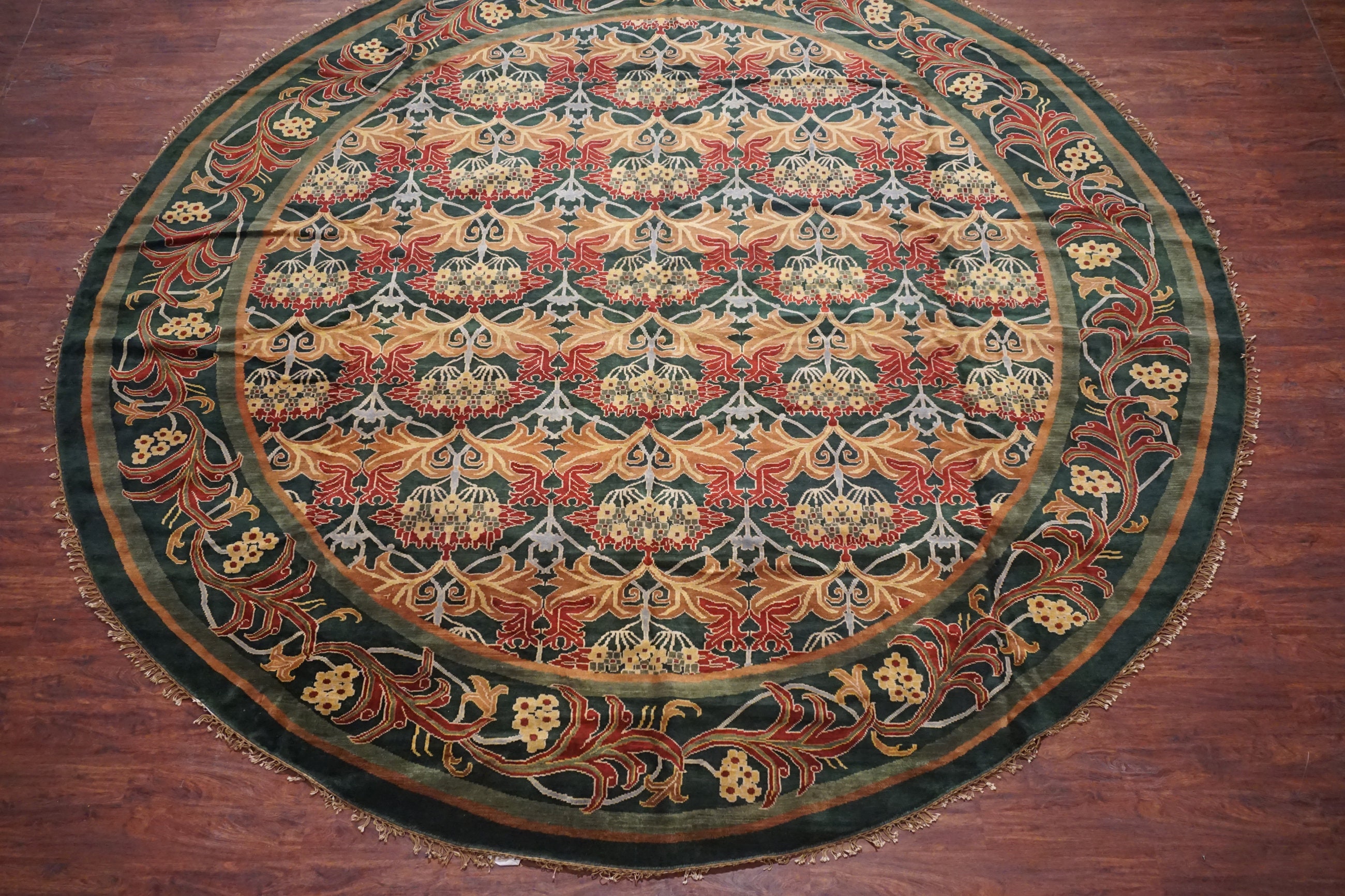 14X14 Green Round William Morris Area Rug Art & Craft Hand Knotted and ...