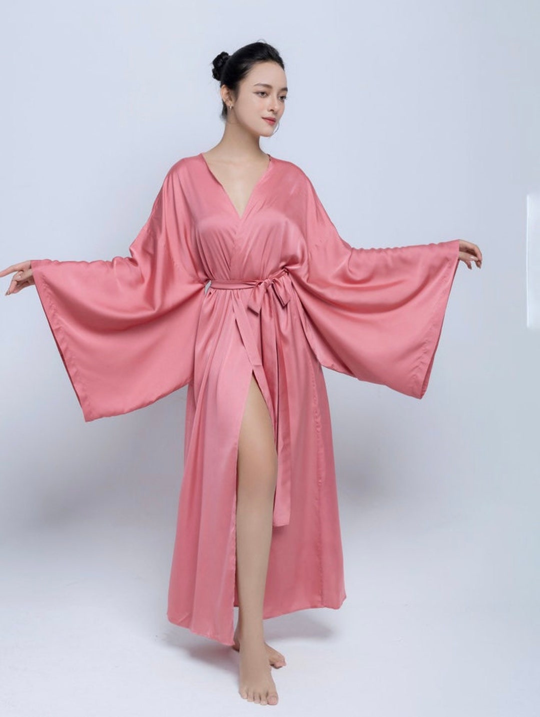 Bridal Long Silk Robe Floor Length Gown Silky Kimono Sleeves Long Robe