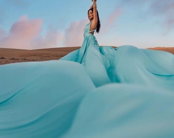 Long Flying Dress | Flying Dress for Photoshoot| Long Train Photoshoot Flowy Satin Dress Santorini Flying Dress Pre Wedding Engagement Dress