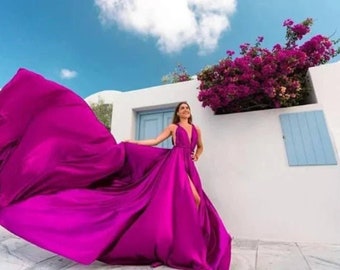 Long Flying trail gown  | Flying Dress for Photoshoot| Long tail maternity Photoshoot Dress | Flowy  Satin Dress | Santorini Flying Dress